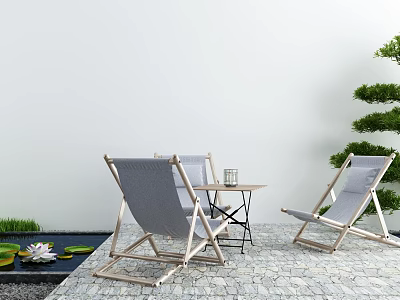 Small Outdoor Table With Gray Lounge Chairs Green Plants Pebble Floor And Water Pond 3d model