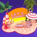 Vibrant Summer Scene With Flamingo Lifebuoy Striped Umbrella Beach Chair And Palm Trees