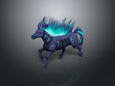 Game Movie Character Mechanical Horse With Glowing Purple Blue Mane And Skeletal Details 3d model