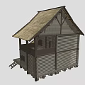 Rustic Log House Architecture With Thatch Roof Wooden Porch Ladder And Wheel Accents