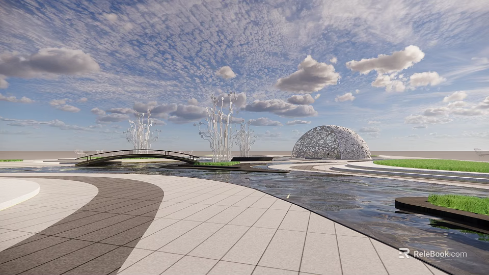 Scenic Modern Outdoor Pergola With Water Feature And Stone Pathway 3d model 