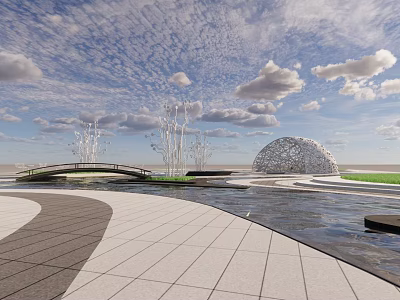 Scenic Modern Outdoor Pergola With Water Feature And Stone Pathway 3d model