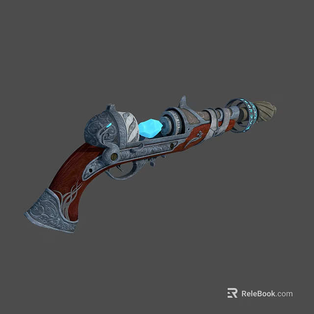 Ornate Fantasy Pistol With Wooden Grip Metallic Accents And Blue Gemstone 3d model 