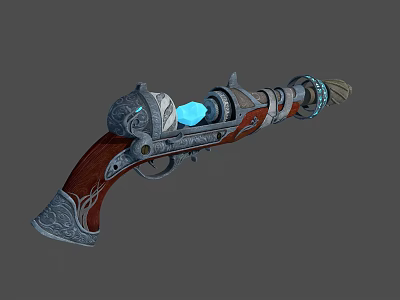 Ornate Fantasy Pistol With Wooden Grip Metallic Accents And Blue Gemstone 3d model