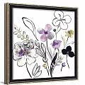 Two Framed Botanical Paintings with Colorful White Rose Purple Pink Blue Flowers on Brown Wall