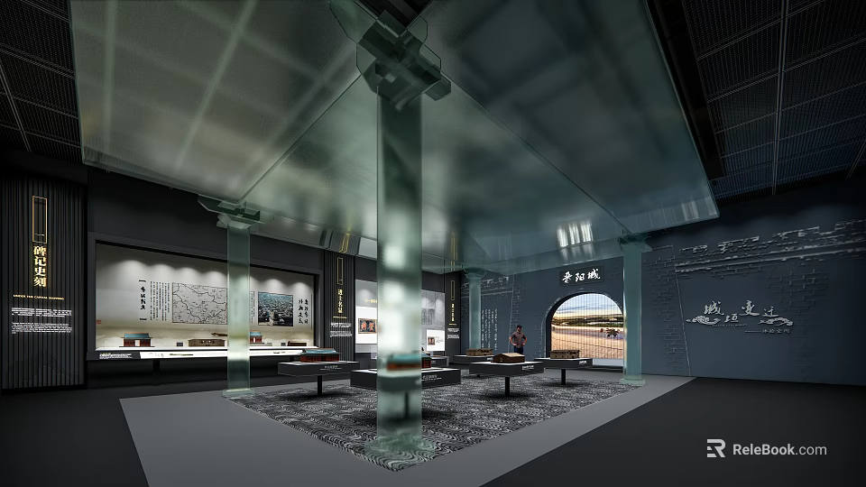 Contemporary Cultural Center Interior Featuring Exhibition Displays Glass Columns And Open Display Areas 3d model 