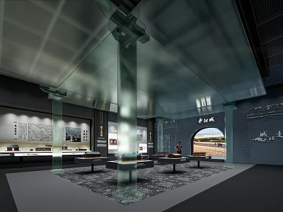 Contemporary Cultural Center Interior Featuring Exhibition Displays Glass Columns And Open Display Areas 3d model
