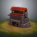 Vintage Household Device With Red Lid Stone Base And Metal Wheel
