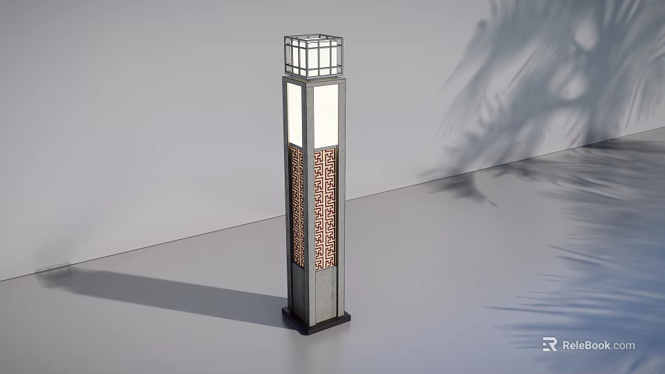 Modern Outdoor Light Column With Grid Top Decorative Pattern And Palm Leaf Shadow 3d model 
