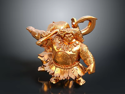 Golden Mythical Warrior Figurine Holding Battle Axe With Ornate Feathered Skirt 3d model