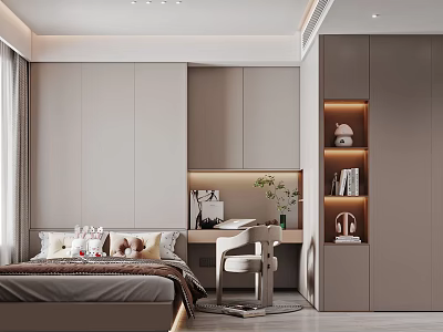 Modern Minimalist Tatami Bedroom with Bed Desk Chair and Bookshelf Lighting 3d model