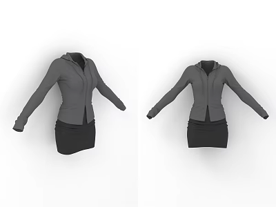 Women's Gray Long Sleeve Hooded Jacket With Black Skirt Casual Everyday Outfit 3d model