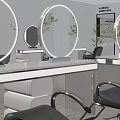 Modern Beauty Salon Interior With Illuminated Round Mirrors And Black Workstations