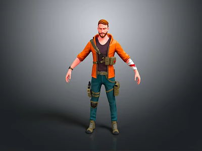 Adventurous Human Character In Orange Jacket Black Shirt Green Pants With Tactical Gear Straps 3d model