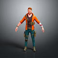 Adventurous Human Character In Orange Jacket Black Shirt Green Pants With Tactical Gear Straps