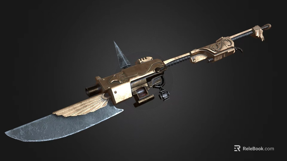 Advanced Mechanical Weapon With Silver Blade Golden Metal Parts And Tactical Design 3d model 