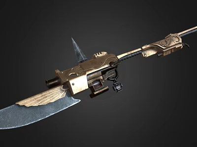 Advanced Mechanical Weapon With Silver Blade Golden Metal Parts And Tactical Design 3d model