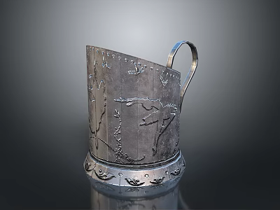Elegant Silver Metal Furniture Container With Intricate Carved Patterns And Handle 3d model