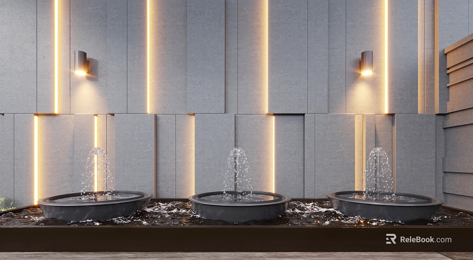 Three Circular Water Fountains Design With Modern Gray Wall Vertical Light Strips And Wall Sconces 3d model 