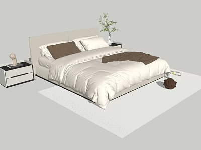 Double Bed With Light Colored Headboard White Comforter Brown Pillows Bedside Tables And Green Plant 3d model