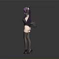 3D Female Character With Purple Long Hair Headpiece Dark Outfit High Heels On Gray Background