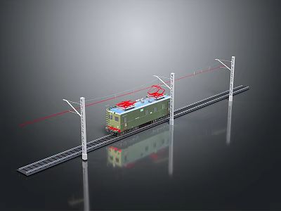 Electric Train Model on Railway Track with Metal Poles and Overhead Wires 3d model