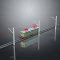 Electric Train Model on Railway Track with Metal Poles and Overhead Wires