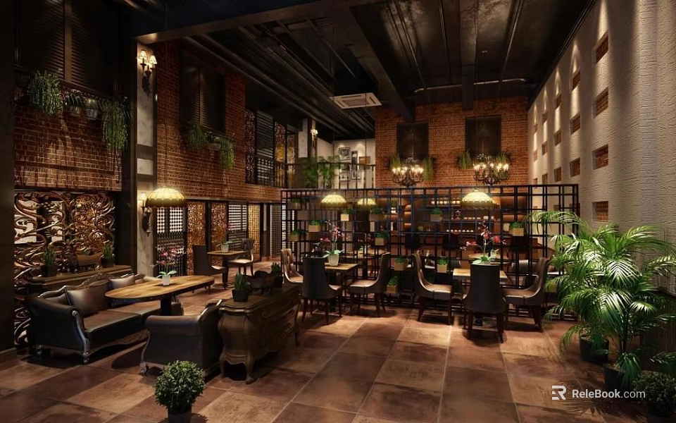 Industrial Style Café Interior With Brick Walls Green Plants And Wooden Furniture 3d model 