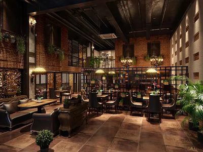 Industrial Style Café Interior With Brick Walls Green Plants And Wooden Furniture 3d model