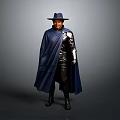 Man in Black Hat Dark Blue Cape Black Leather Outfit with Boots on Gray Background