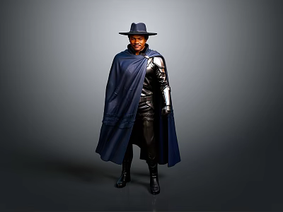 Man in Black Hat Dark Blue Cape Black Leather Outfit with Boots on Gray Background 3d model