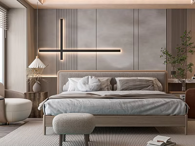 Modern Bedroom Interior With Wooden Headboard Grey Accent Wall LED Light Strips And Plush Bedding 3d model