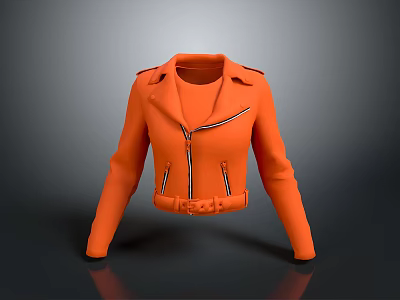 Stylish Orange Leather Biker Jacket With Zipper Details And Belt Closure 3d model