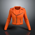 Stylish Orange Leather Biker Jacket With Zipper Details And Belt Closure