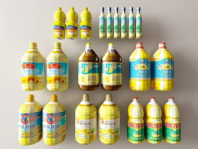 Various Cooking Oil Bottles From Different Brands With Colorful Packaging Displayed 3d model