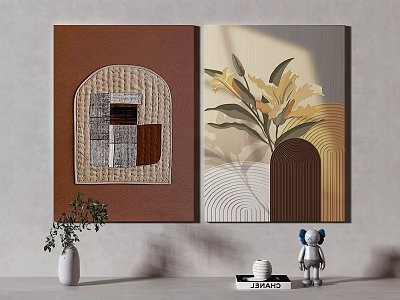 Stylish Wall Art Decor with Geometric Patterns Floral Design Potted Plant and Figurine 3d model