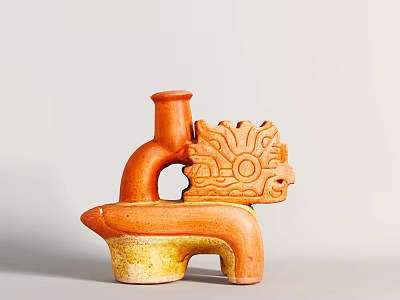 Handcrafted Ceramic Vessel With Animal Head Design And Orange Yellow Glaze 3d model