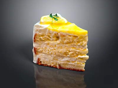 Fluffy Layered Lemon Cake With Lemon Curd Topping And Green Garnish 3d model