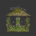 Wooden Garden Gazebo with Thatched Roof Green Moss and Vines on Grass