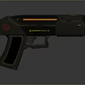 Futuristic Metallic Weapon Phaser With Yellow Warning Stripes And Red Logo