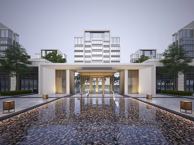 Modern Entrance Gate Design With Water Pool Greenery And Buildings 3d model