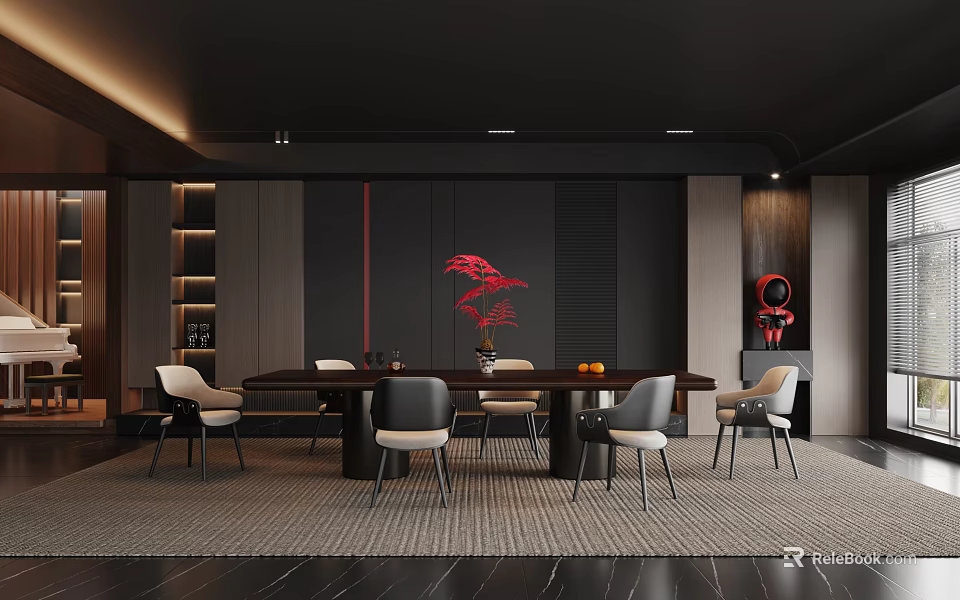 Modern Dark Restaurant Interior With Long Dining Table Red Decor And Wooden Walls 3d model 