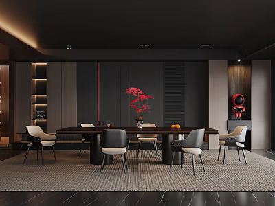 Modern Dark Restaurant Interior With Long Dining Table Red Decor And Wooden Walls 3d model