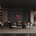 Modern Dark Restaurant Interior With Long Dining Table Red Decor And Wooden Walls