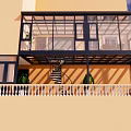 Modern Villa Balcony With Glass Structure Spiral Staircase White Railing And Green Plants
