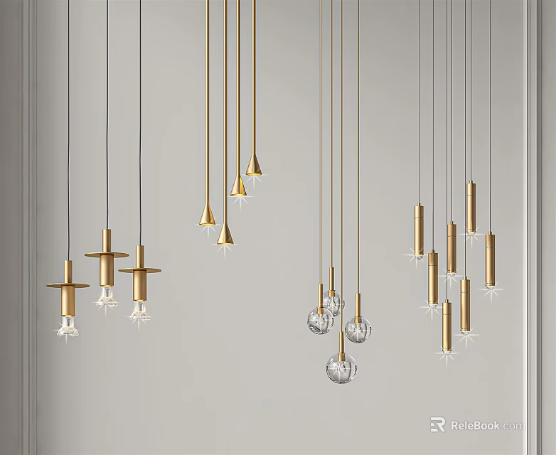 Modern Gold Metal Chandeliers with Transparent Crystal Accents and Various Hanging Designs 3d model 