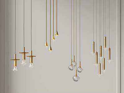 Modern Gold Metal Chandeliers with Transparent Crystal Accents and Various Hanging Designs 3d model