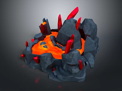Gray Stone Crater Structure With Orange Lava And Red Spiky Formations In 3d model