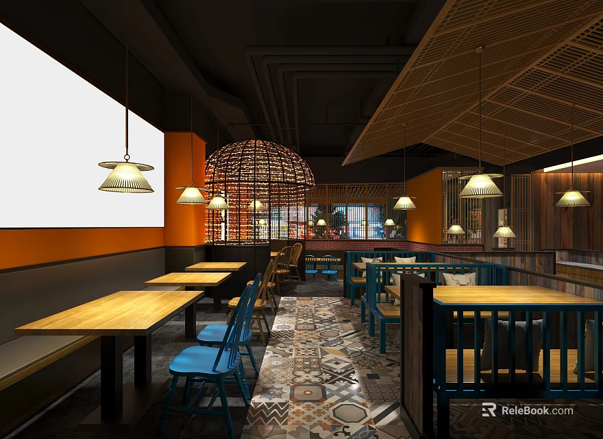 Modern Restaurant Interior With Wooden Tables Blue Chairs Hanging Lamps And Bamboo Decorations 3d model 