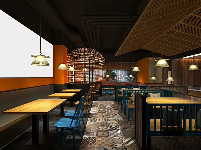 Modern Restaurant Interior With Wooden Tables Blue Chairs Hanging Lamps And Bamboo Decorations 3d model